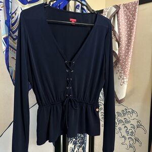 Guess Navy Lace-Up Peplum Top, Long Sleeve V-Neck, Size Medium